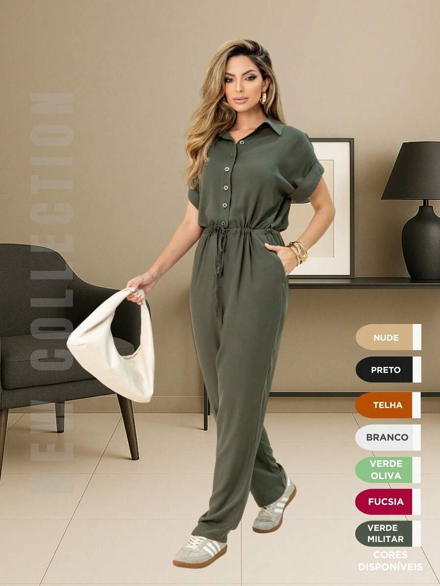 Women's Long Jumpsuit With Adjustable Band And Pocket 100% Viscose Elegant And Sophisticated For All Occasions S To GG - xanh quân đội - Xem 1