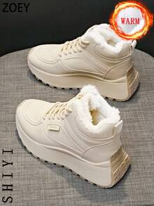 女士系带厚底雪地靴，秋冬季保暖内衬 - 卡其色 - 查看 1