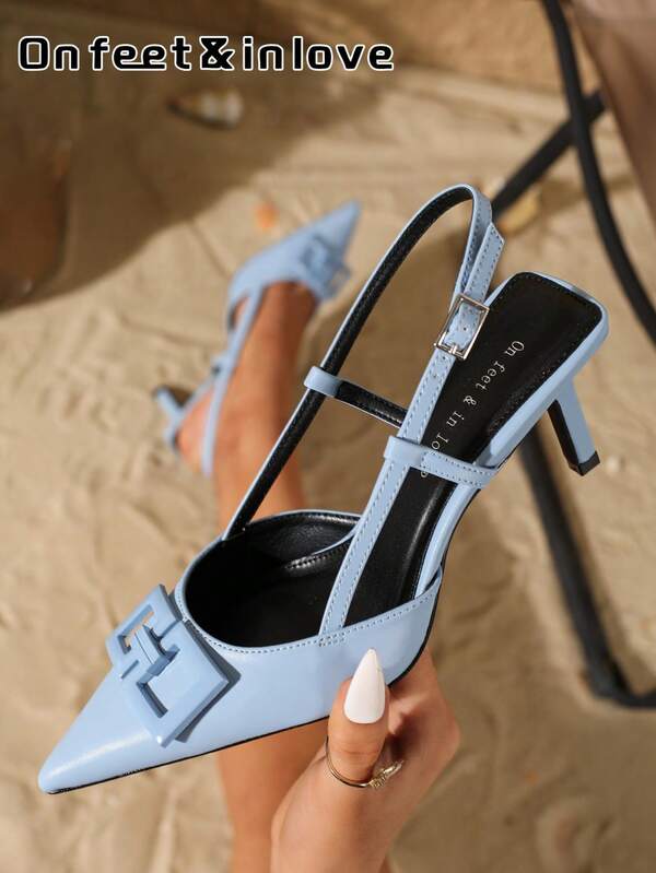 On feet& in love Fall/Winter 2025 Women's Fashion Elegant Square Decor Ankle Strap Pointed Toe Low Vamp High Heel Pumps, Suitable For Dress,Kitten Heels,Elegant