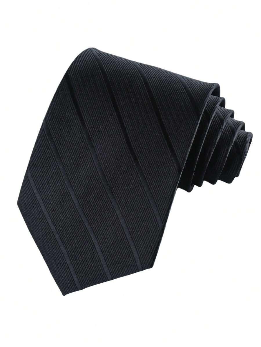 1 pieza Corbata de negocios para hombres, ancho de 8 cm, hecha a mano, corbata formal profesional a rayas, de poliéster jacquard - Negro puro - Ver 1