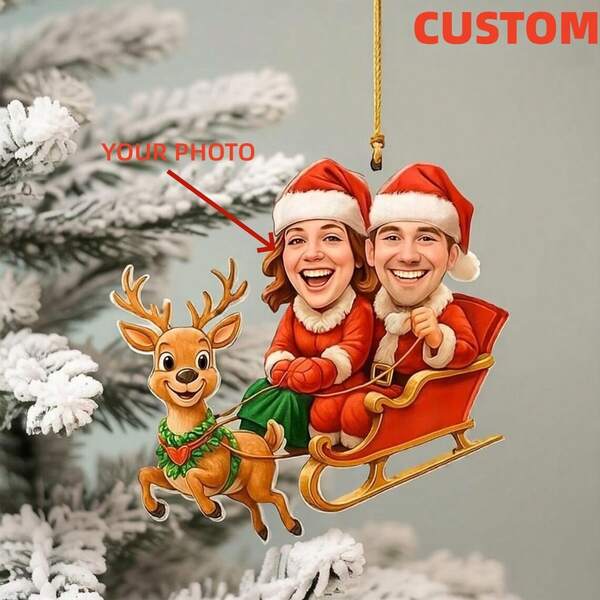 Enfeite de Natal 2D Flat Santa Holdings - Enfeite de Casal de Bolas: Acrílico, Rostos Personalizados, 2025