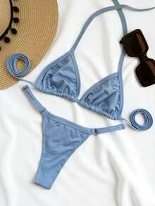 Adjustable String Bikini, Sexy And Elegant, Women's Summer Fashion, Beach, Casual, Cute, Elegant, Sensual, Coated Fabric. Bikini For Beach, Holidays, Vacation, Summer. - 淺藍色 - 查看 3