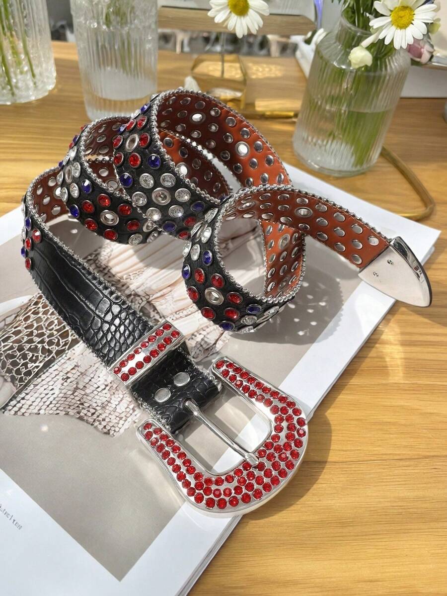 1 pieza Cinturón de mujer de estilo Punk Y2K con hebilla de cristal rhinestone ajustable, con efecto de piel de cocodrilo en PU, adecuado para la calle, salidas, viajes y vacaciones