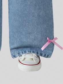 青少年女孩时尚休闲宽松直筒牛仔裤，侧边蝴蝶结 - 藍色 - 查看 6