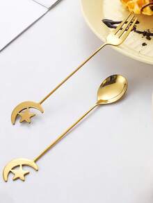 2 pièces, doré, ensemble de cuillère à café et fourchette en forme de croissant de lune et d'étoile pour le Ramadan, en acier inoxydable, créatif, boisson, dessert, brassage, vaisselle, décorations, Nouvel An, Saint-Valentin, Noël, Aïd, cuillère à thé - Multicolore - Voir 6