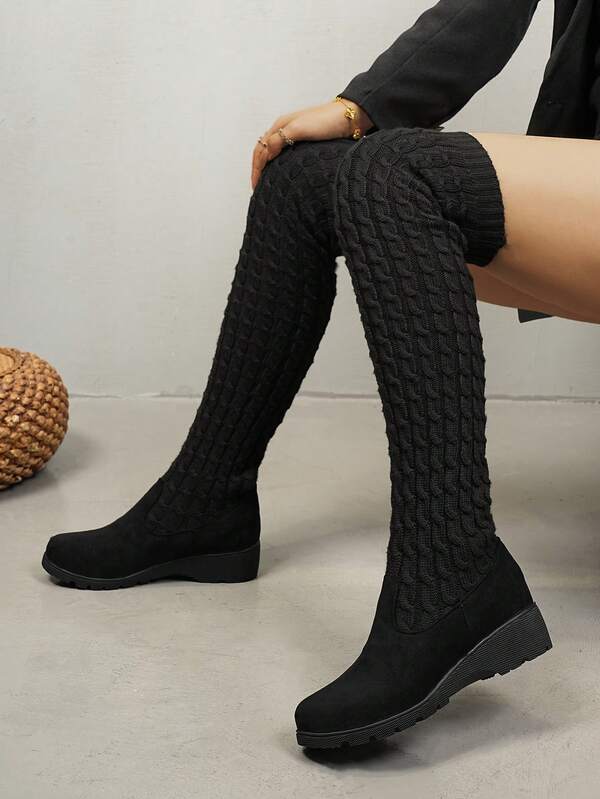 British Style Knitted Over-The-Knee Boots For Women, Flat Round Toe, Slim Fit, Autumn/Winter