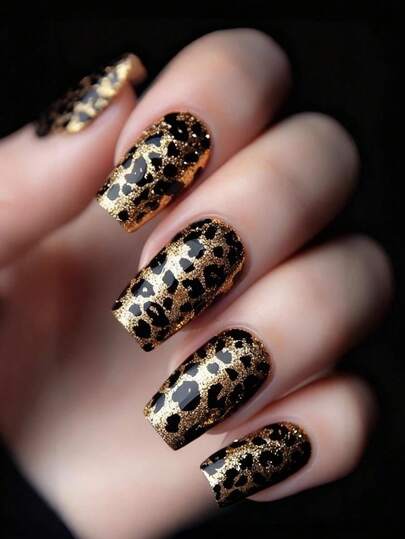 24pcs Leopard Print Nails, Medium And Long Square False Nails, Gothic False Nails, Cool Girl Nails, High-End Nail Art Can Well Show The Charm Of Your Fingertips. Nail Press Detachable False Nails Nail Art Fall Press On Nails