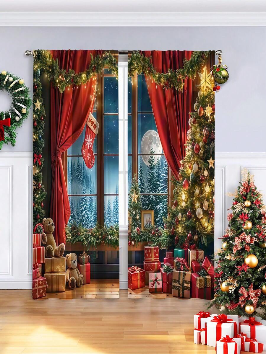 2PCS Christmas-Themed Brushed Fabric Digital Print Curtains, Luxurious Warm And Playful Style Design With Red Curtains, Moonlit Snowy Forest Window, Christmas Tree, Teddy Bears And Gift Piles, Rod Pocket Installation, Semi-Transparent Polyester Fiber Material, Suitable For Living Room, Kitchen, Bedroom, Dining Room, Filling Your Home With Festive Atmosphere - Multicolor - View 1