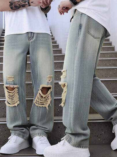 Grunge Goth Y2K 风格男士休闲宽松阔腿破洞牛仔裤，百搭四季牛仔裤，时尚街头风，嘻哈，朋克摇滚细节，如褪色、破洞、纽扣、口袋、拉链，适合工作、通勤、舞台表演、聚会