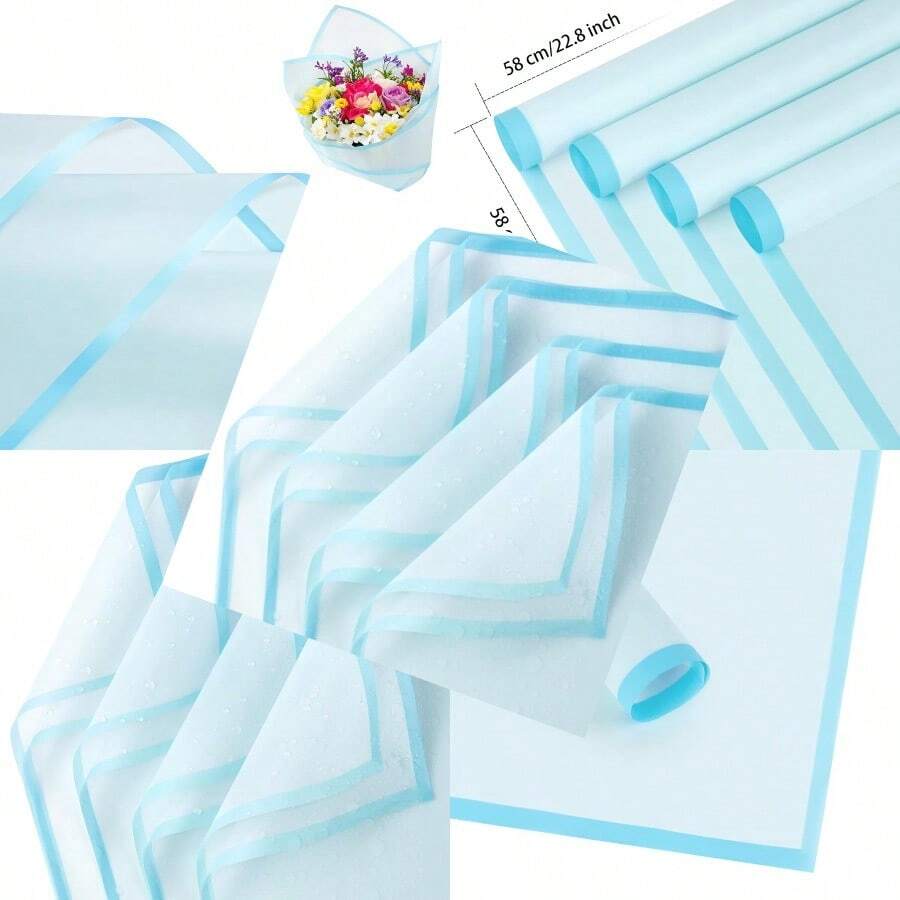 20 Sheets Light Blue Flower Wrapping Paper Waterproof Floral Wrap Blue Edge Bouquet Wrapping Paper Florist Supplies 22.8 X 22.8 Inch - Màu xanh lam - Xem 1