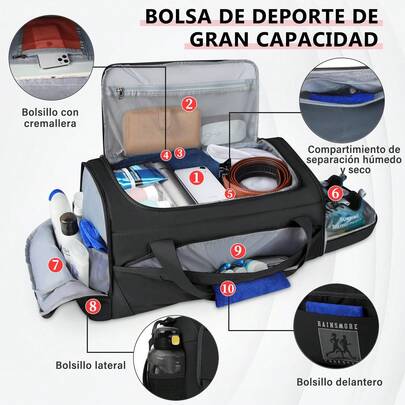 Maleta deportiva 45L, Bolsa de Gimnasio para hombres y mujeres, Diseño de separación húmedo y seco, y Compartimento para Zapatos, Ideal para Viajes, Entrenamiento, Yoga, Deportes, Negro