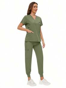 Surgical Uniforms Woman Scrub Set Nurse Beauty Salon Workwear Clinical Scrubs Top Pants Sets Spa Doctor Nursing Clinical Suit - 橄欖綠 - 查看 8
