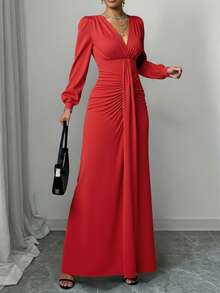 Vestido de Fiesta Largo Elegante de Manga Larga con Escote V y Detalle Fruncido | Perfecto para Bodas, Galas, y Eventos Nocturnos - Rojo - Ver 4