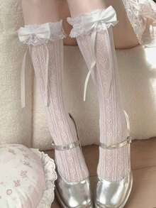 1 Pair White Lace Lolita Knee High Socks, Feminine Frilly Mid,Calf Stockings, Japanese Style Tights, Lolita, Cozy Socks - 彩色 - 查看 3
