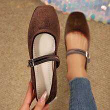 Pantofi Mary Jane cu vârful pătrat și talpă joasă, din piele întoarsă franceză, cu bareta, pentru femei, stil nou, potriviți cu rochii, balerini