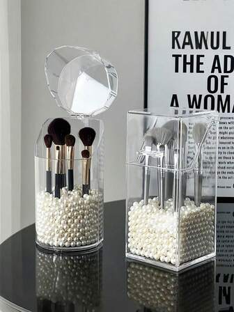 1pc Piece Dust-Proof Makeup Brush Storage Box With Lid, Acrylic Makeup Brush Storage Box, Large Capacity Makeup Brush Storage Rack, Multifunctional Makeup Product Storage Box, Desktop Accessories, Dressing Table Accessories, Bathroom Accessories, Suitable For Dressing Table, Bathroom, Room, Home, Bedroom, Simplified Storage, Larger Capacity, Good Material, Convenient Access, Ideal Mother's Day And Valentine's Day Gifts