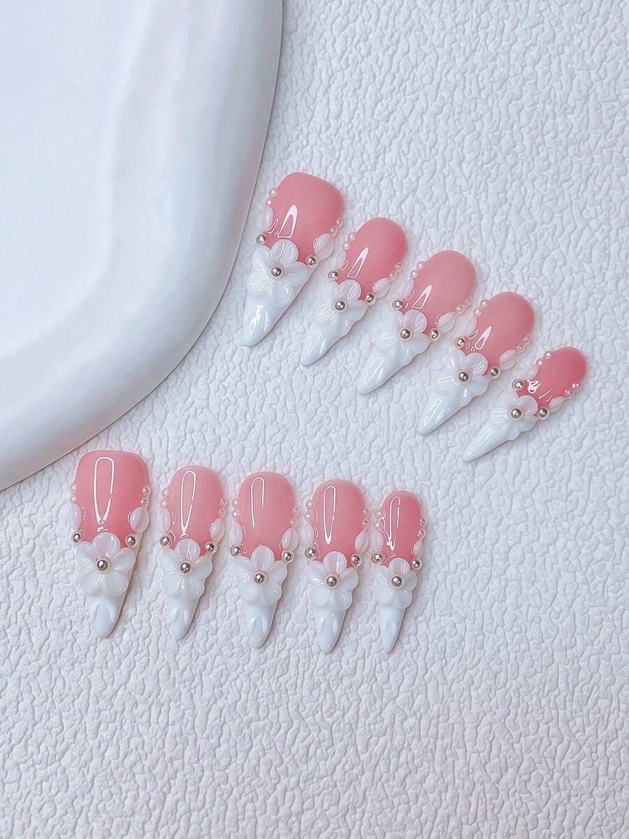 10片装Y2K美甲尖头按压式美甲套装 - 手工制作，粉色美甲，白色美甲，白色法式美甲，手工3D花朵，3D花朵美甲，手绘白色法式美甲设计，闪亮白色珍珠点缀，精致可爱美甲 - 彩色 - 查看 1