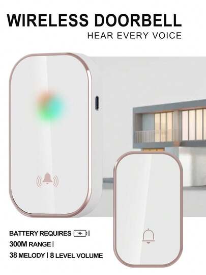 无线门铃，远距离迎宾铃声，38种铃声，7级音量，室内音乐门铃，静音照明提醒来电器，适用于花园/客厅/车库/卧室/入口，可使用3节AAA电池或USB充电供电