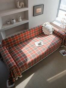 1pc Christmas Plaid Sofa Cover With Tassels, Green Vintage Farmhouse Style Sofa Throw Blanket, Thick & Durable Sofa Protector For Pet, Perfect For Christmas Holiday Family Gathering, Living Room, Bedroom, Office