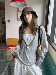 女士宽松休闲薄款分层设计套头衫 - 灰色 - 查看 9