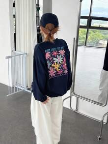 Women's Loose Fit Japanese Cat Print Long Sleeve T-Shirt, Versatile For Spring And Autumn Casual - Navy Blue - View 7