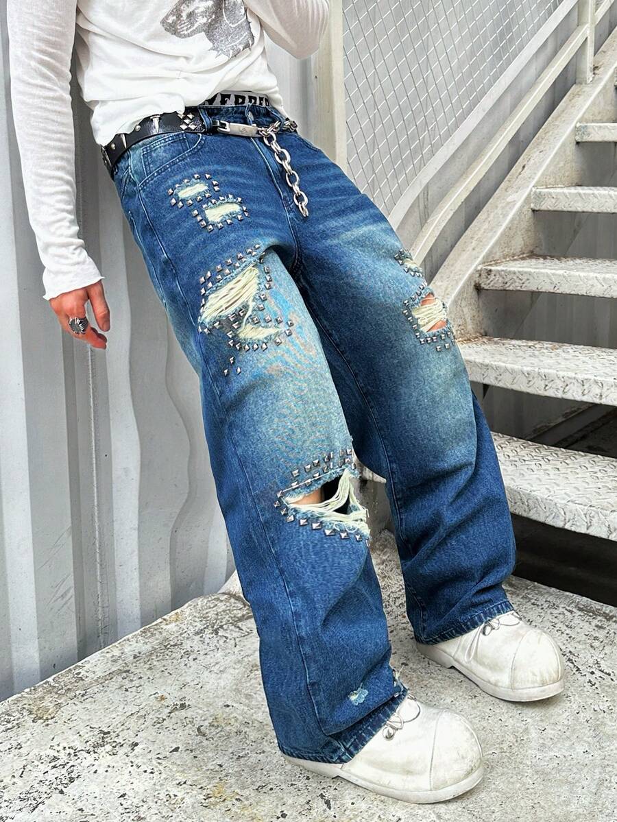 1件美式街头时尚男士铆钉做旧宽松阔腿牛仔裤，休闲百搭高街牛仔裤（不含腰带和配饰） - 藍色 - 查看 1