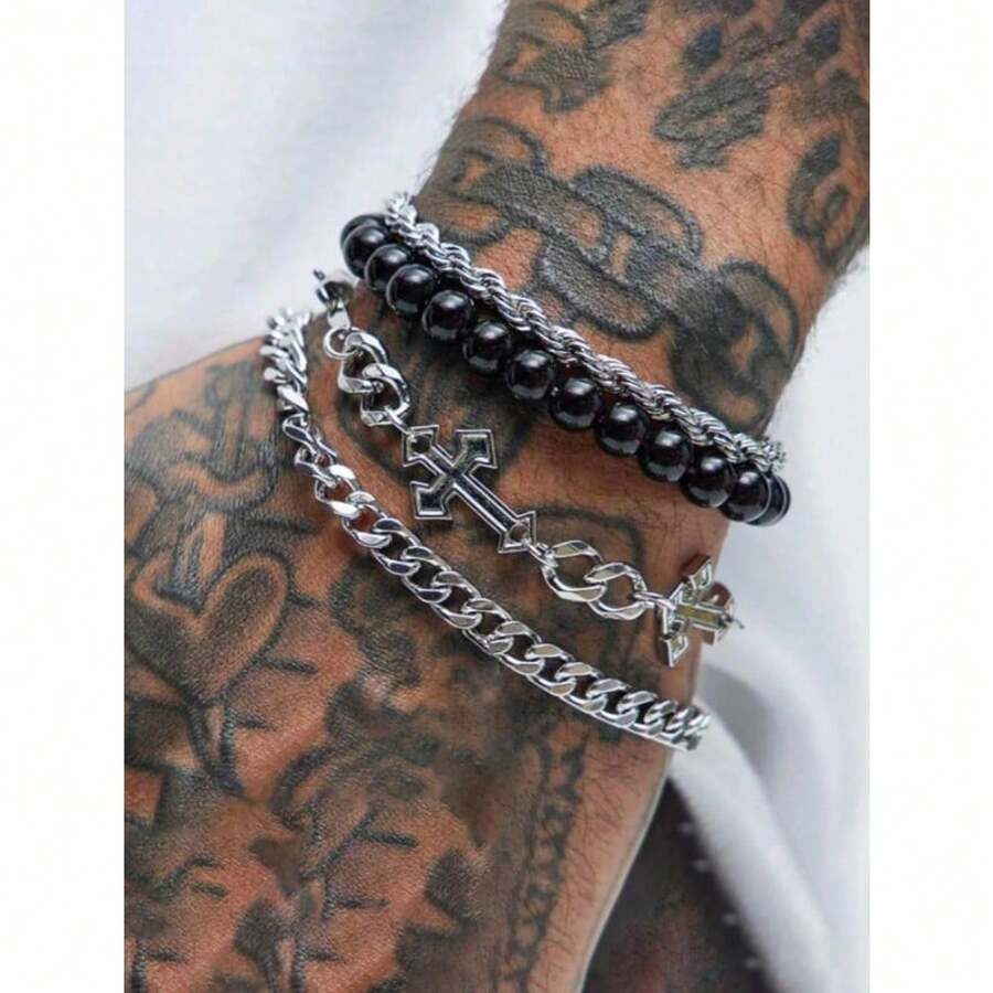 4Pcs/5pcs Men's Chain Bracelet Set, Stylish And Simple All-Match Stainless Steel Twisted Hollow Cross Beaded Bracelet Sets Suitable For Men To Wear Daily When Going Out As Gifts For Friends, Family And Boyfriends.Christmas And Valentine's Day Gifts For All Seasons And Can Be Worn All Year Round, Mom, Mother, Mother's Day, Gifts - 銀色 - 查看 1