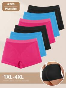 6pcs Women's Plus-Size Boxer Briefs, Striped Design, Simple Solid Color, Stretchable, Soft, And Breathable - Nhiều màu - Xem 3