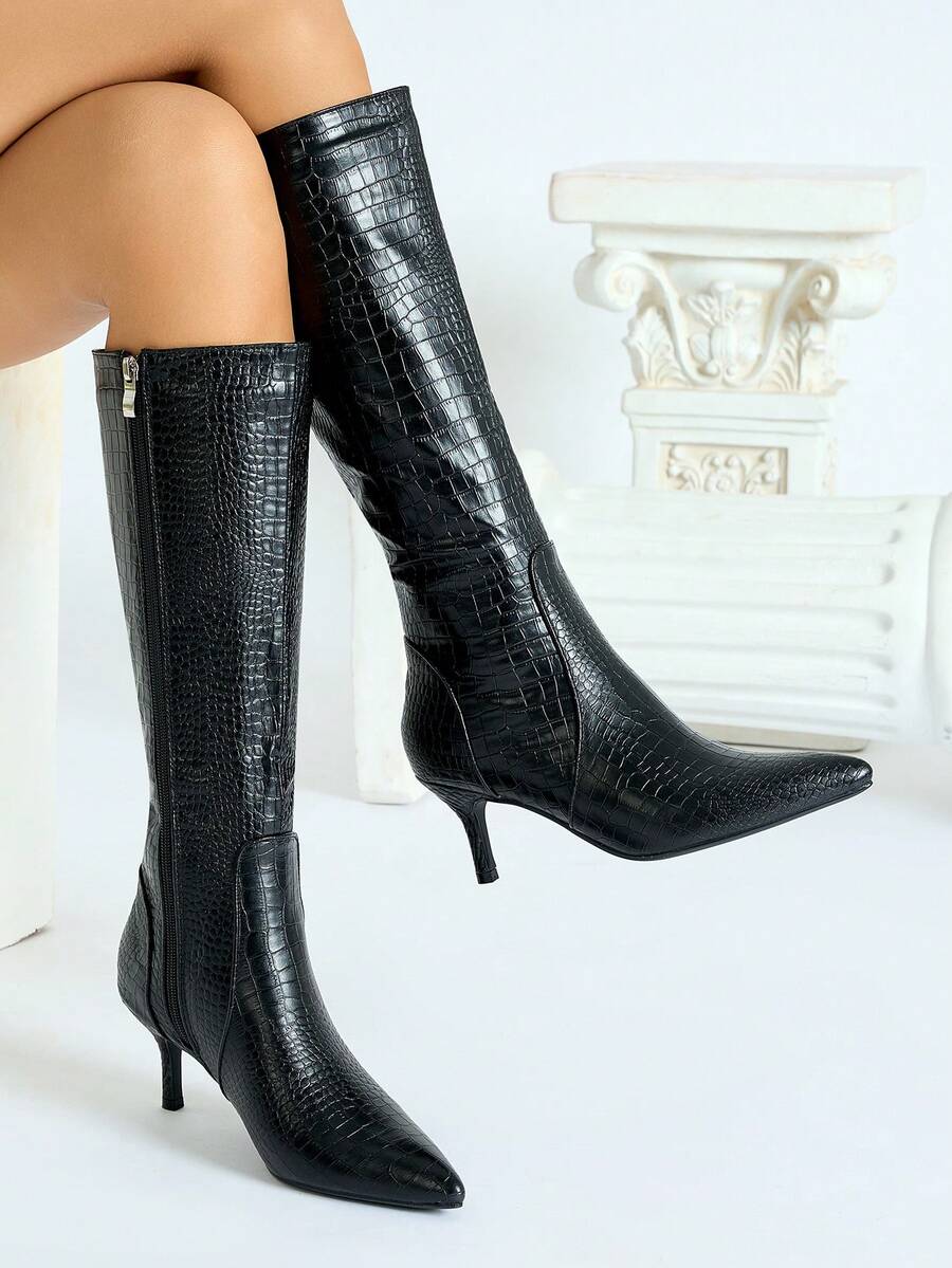 Botas femininas de cano alto, confortáveis e versáteis, em cores sólidas, com salto alto, estilo cowboy, perfeitas para outono/inverno e Halloween. - Preto - Ver 1