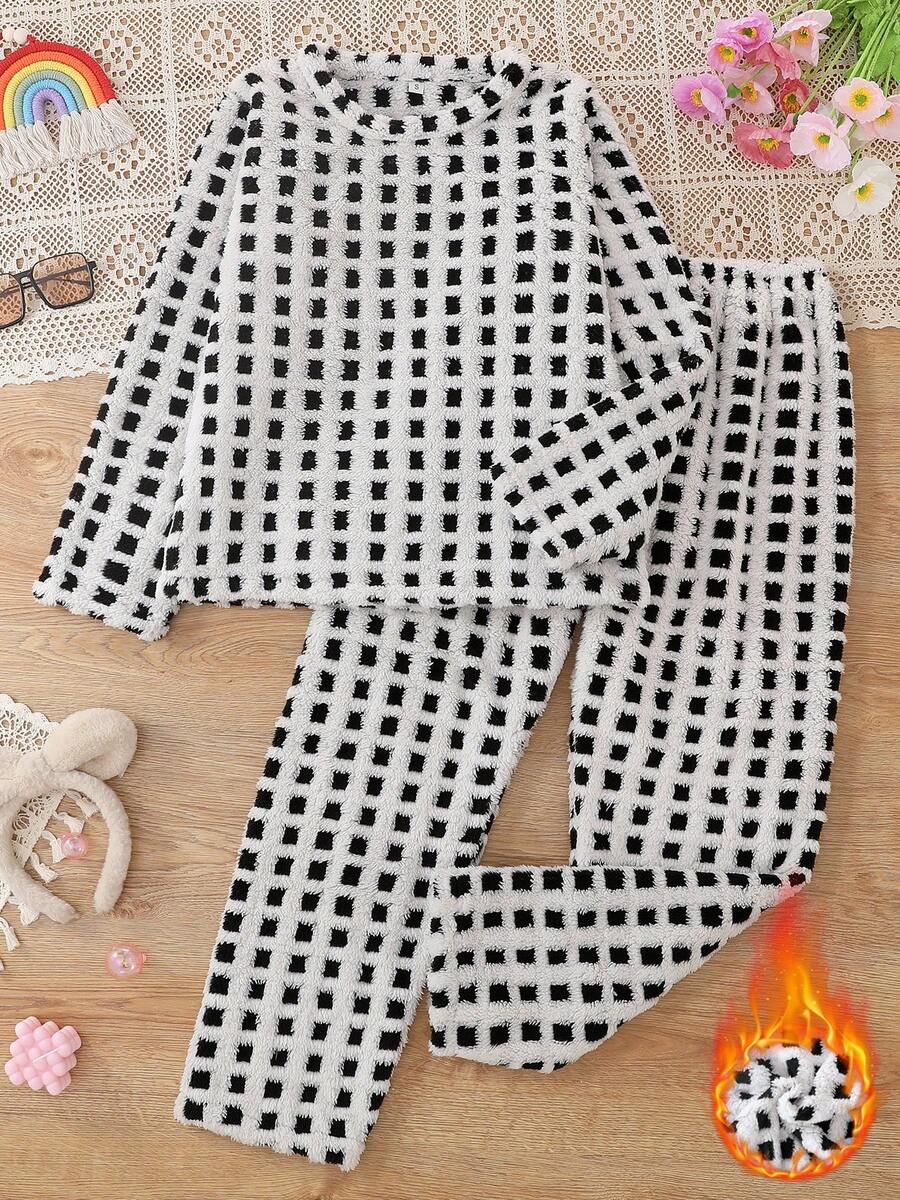 [Livanti Pajamas]2pcs Women's Long Sleeve Flannel Pajama Set, Casual Round Neck Long Sleeve, Long Pants, Thick Warm Sleepwear For Autumn/Winter, Suitable For Home And Outdoor Wear, New Plaid Jacquard Coral Fleece - Black and White - View 1