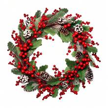 1 PIEZA Corona de Navidad realista de bayas rojas, corona artificial hecha a mano con hojas verdes vívidas, decoración festiva duradera y de alta calidad, perfecta para Navidad, Año Nuevo, invierno, ideal para decoración interior, exterior, puertas, paredes, chimeneas, hogar, oficina, escaparates, fiestas, suministros navideños