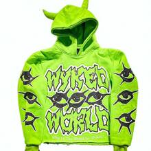 Y2K Harajuku Hoodie With Horn Hat - Funny Printed Casual Top For Men And Women - Sweaters, Menswear Graphic Hoodies Outfits Men Classic Black Hooded Sweatshirt Long Sleeve Womenswear Graphic Spring/Fall Fall/Winter Loose Halloween - 綠色 - 查看 1