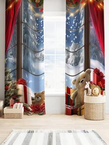 2PCS Christmas-Themed Brushed Fabric Digital Printed Curtains, With A Design Of Red Curtains Decorated With Small String Lights. Rod Pocket Installation, Made Of Translucent Polyester Fabric. Suitable For Living Rooms, Kitchens, Bedrooms, Hotels And Dining Rooms.