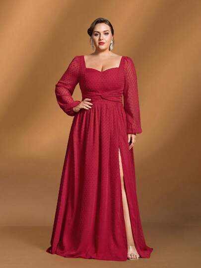 Faeriesty Mosy Stunning Plus-Size Mother Of The Bride Elegant Evening Gown: Flattering Heart-Shaped Neckline, Romantic Lantern Sleeves, Sexy High Slit, And Flowy A-Line Skirt Design - Perfect For Wedding Ceremonies, Grand Evening Galas, High-End Receptions, Important Family Celebrations, And Formal Dinner Parties.