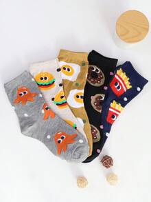 1 Pair/5 Pairs Women's Fashion Comfortable Fries, Burger, Donut, Cheese Cartoon Cute Mid-Calf Socks - Multicolor - View 4