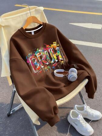 青少年男孩休闲简约口号图案印花圆形休闲运动衫，圆领长袖套头衫，百搭休闲运动青年秋冬款外套，适合学校购物运动度假服装等场合，适合男孩和女孩