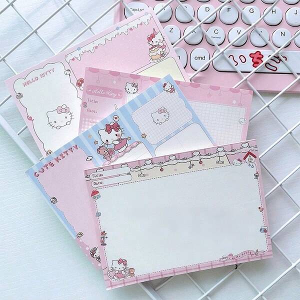 Sanrio 4pcs Sanrio Hello Kitty Horizontal Memo Pads, A7 Size 4 Pcs Non-Sticky Tear-Off Notepad, Cute Cartoon Full-Color Inner Pages With Various Designs, Suitable For Office And School, Adorable Stationery Prize, Back To School Essential, Learning Notes, School Supplies, Fun Memo Pad, Cute Design, Smooth Paper, Memo Pad