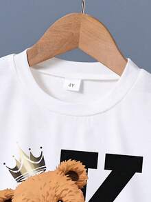 Young Boy Cartoon Print Short Sleeve T-Shirt And Shorts Set - White - View 3