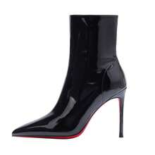 Black short boots women's autumn and winter 2025 patent leather thin heel pointed thin boots sexy royal sister red sole high heels boots