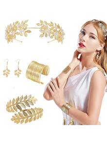 Bộ trang phục và phụ kiện phong cách nữ thần Hy Lạp 5/7 món, bao gồm vương miện hình lá, băng đô, hoa tai, vòng tay, hoa tai, mũ đội đầu cô dâu thích hợp cho các quý cô đội trong các bữa tiệc, đám cưới, lễ đính hôn - Nhiều màu - Xem 13