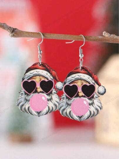 Pendientes de Navidad retro con forma de corazón divertida, colgante de Papá Noel, pendientes de madera de doble cara, regalo de fiesta de Navidad para mujeres