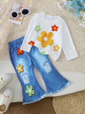 2 Parça Kız Çocuk Baskılı Uzun Kollu Sweatshirt ve Bol Günlük Suni Kot Baskılı Pantolon Açık Hava Kıyafet Seti