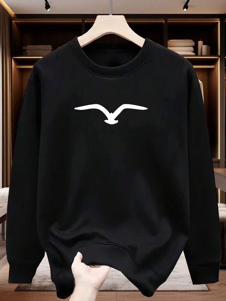 Men Winter Wear Sweatshirt Crewneck Hoodie with Seagull Design Fleece Material Suitable for Autumn Winter Holiday Gift Y2K Style - Negro - Ver 1
