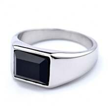Men's Stainless Steel Ring With Black Square Stone – Silver Or Gold - 銀色 - 查看 2