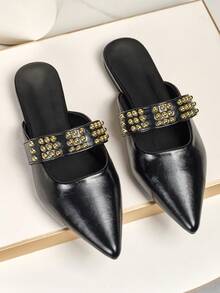 Dép xỏ ngón mũi kín đinh tán màu đen dành cho nữ, thời trang, thường ngày, tối giản, phong cách nữ thần, khoét lỗ, trang phục ngoài trời, mọi mùa - màu đen - Xem 2