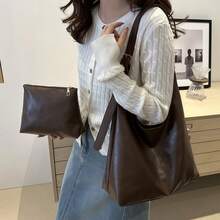 Korean Minimalist Casual Pu Tote Bag Combination Bag, Autumn And Winter Retro All-In-One Shoulder Tote Bag, With Change Bag Mother Bag, Large Capacity Commute Shopping Bag. Women's Shoulder Bag Casual Wallet Set. New Large-Capacity Leather Handbag. Purses And Bags Women - 咖色 - 查看 1