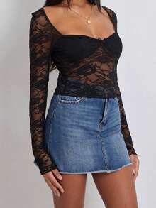 Women's Y2k Floral Lace Crop Tops Long Sleeve Square Neck See Through Mesh Shirt Fairy Grunge Going Out Blouse Clubwear Coquette Aesthetic Clothes - 黑色 - 查看 5