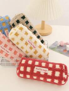 1 Peça Estojo de Lápis de Pelúcia de Waffle, Bolsa de Armazenamento de Papelaria Xadrez Criativa para Estudantes