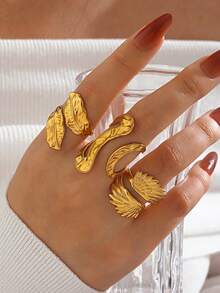 3pcs Stainless Steel Minimalist Feather Wing Ring Set, Suitable For Women's Daily And Party Wear - Multicolor - View 6
