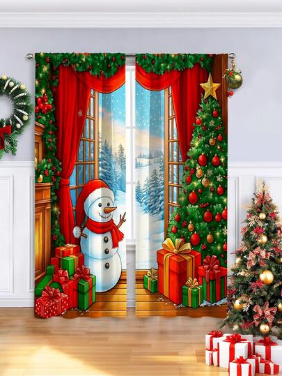 2PCS Christmas-Themed Brushed Fabric Digital Print Curtains, Playful And Lively Style Design With Snowman, Christmas Tree, Red Curtains And Gift Piles, Rod Pocket Installation, Semi-Transparent Polyester Fiber Material, Suitable For Living Room, Kitchen, Bedroom, Dining Room, Filling Your Home With Festive Atmosphere